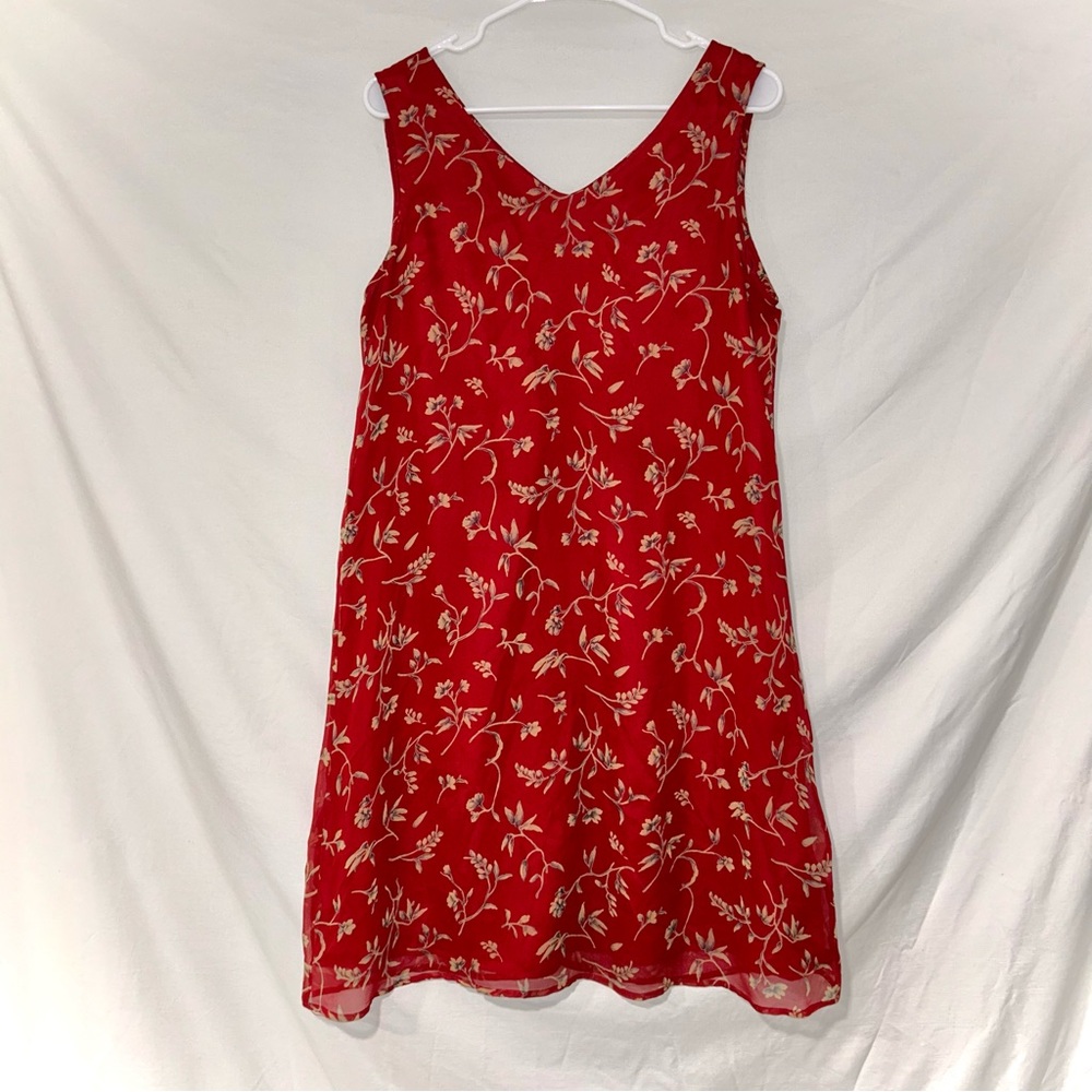 100% Silk Vintage 90s Robbie Bee Sundress Red Floral Summer Mini Dress